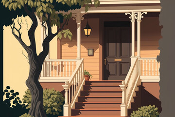 Wooden stairs and a porch on the front of the house. Building exteriors, homes, and trees on verandas are all shown in form. Terraced apartment building entrance. Generative AI