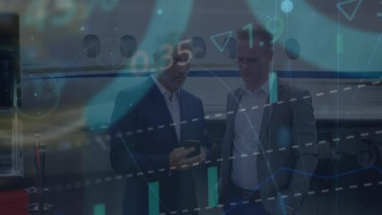 Canvas Print - Animation of data processing over caucasian businessmen using smartphone by airplane