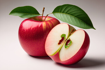 Wall Mural - Closeup of two fresh red Fuji apples with a leafy green backdrop and a piece that has been split in half. Generative AI
