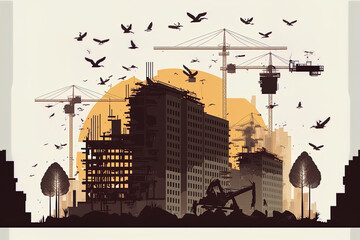 Wall Mural - construction procedure. cranes and a home constructing are shown in a . building site silhouette com