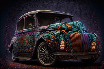 Canvas Print - illustration of a car painted for Mexican Day of the Dead