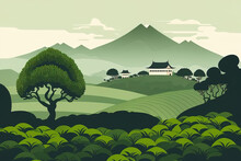  Artwork Of A Green Tea Plantation Scene. Flat Rural Farming Fields, A Terraced Tea Plantation, Green Hills, And A Distant Peak Are Shown In A Cartoon. Asian Agricultural History. Generative AI