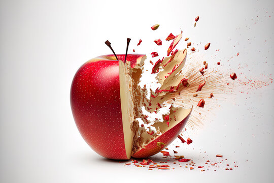 Slice of a red apple falling to the ground, clipped and isolated on a white backdrop. Generative AI