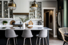 Kitchen Dining Area With Bar In A Stylish Modern Farmhouse Design With White Marble Chairs, Dcor, And Charcoal Gray Stools. Generative AI