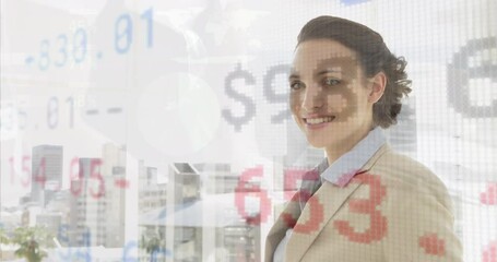 Canvas Print - Animation of financial data processing over caucasian businesswoman working at office