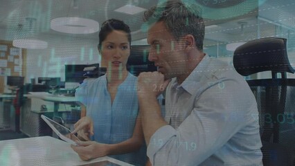 Sticker - Animation of data processing over diverse businessman and businesswoman discussing at office