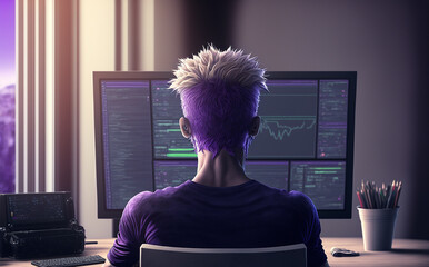 Back view of a software developer, hacker, colored hair, purple theme, home office, computer screen, writing code, Generative AI