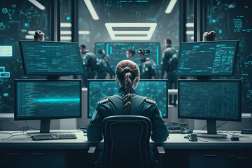 Control room, back view of a female software developer, hacker, dark hair, outfit, blue theme, multiple computer screens, writing code, Generative AI