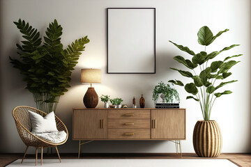 a chic living room interior design idea includes a mock up poster frame, a wooden console, a dried l