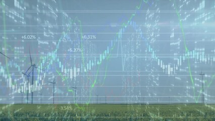 Sticker - Animation of graphs and numbers over rotating windmills on green field against clear sky