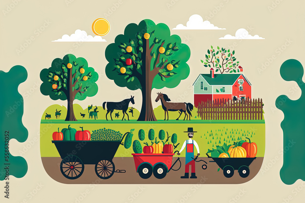 agriculture and farming. Men carrying wheelbarrow carts, tractors on ...
