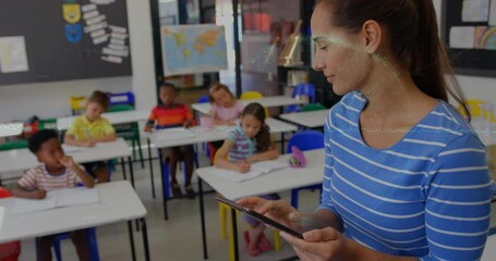 Poster - Animation of data processing and globe over diverse schoolchildren in class