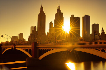 Wall Mural - Melbourne city was illuminated by warm, brilliant sunshine as it passed over the Princes Bridge and St. Kilda Road at morning. Generative AI