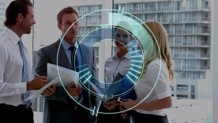 Wall Mural - Animation of neon round scanner over diverse businesspeople discussing together at office