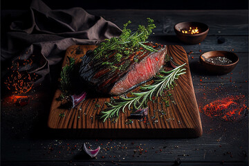 Wall Mural - Grilled beef steaks medium rare with spices on wood plate (Created with Generative AI technology).