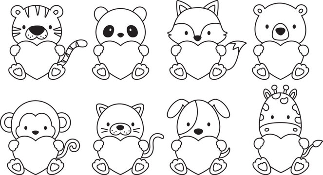 Fototapete - Vector illustration of cute Valentines animals outlines with hearts including a tiger, bear, fox, panda, monkey, cat, dog, and giraffe.
