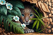 3d Modern Art Mural Wallpaper With Сute Baby Leopard Peeking Out In Hawaii Jungle With Plumeria Flowers. Amazing Tropical Floral Pattern, Suitable For Use As A Frame On Wall