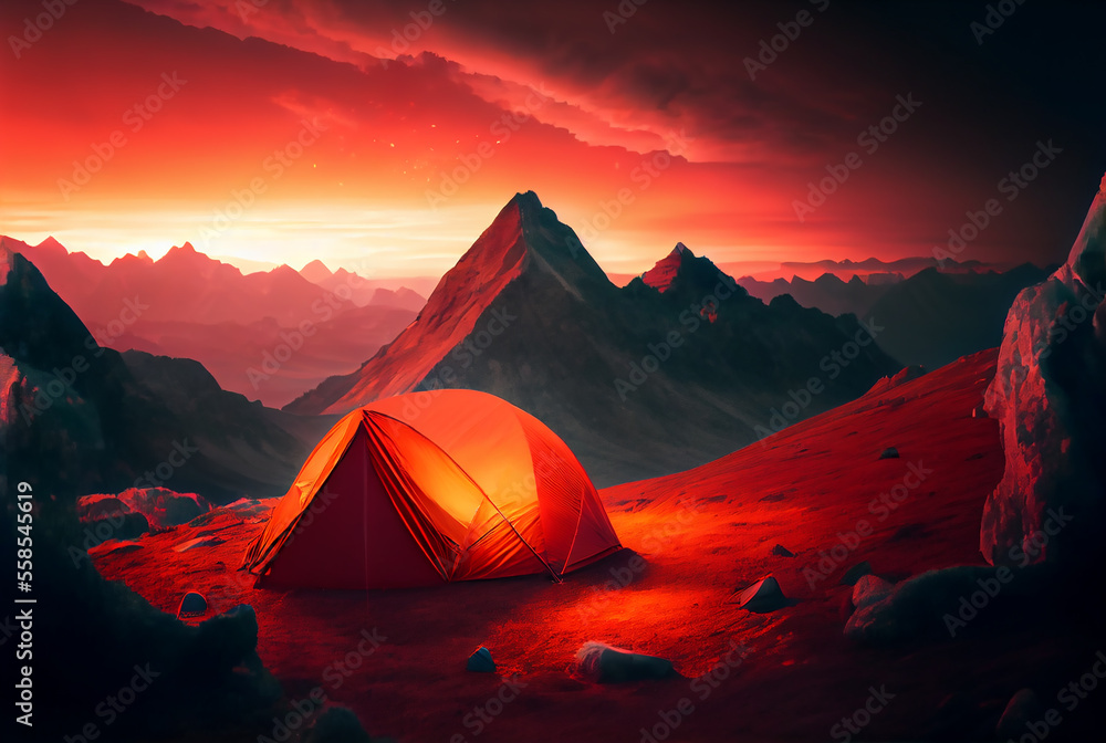 Glowing orange tent in the mountains under dramatic evening sky. Red ...