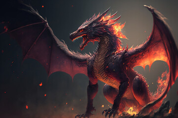 Fire breathes explode from a giant dragon in a black night, the epic battle  evil - concept art (ai generated)