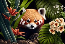 Сute Baby Red Panda Peeking Out In Hawaii Jungle With Plumeria Flowers. Amazing Tropical Floral Pattern