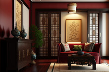 Chinese Style Interior Design For A Living Room In A Luxurious Home Or Hotel With Antique Chinese Furniture And A Perforated Wood Door, Model. Generative AI