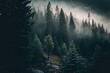 The forest's lush pine trees are shrouded in fog. Generative AI