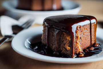 Wall Mural - piece of chocolate brownie cake topped with liquid chocolate, generative AI