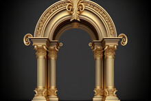 Columns And A Golden Luxury Classic Arch. The Baroque Style Portal. The Fairy Palace's Entryway. Generative AI