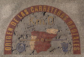 Wall Mural - Zero kilometer brass plaque on Puerta del Sol square in Madrid, Spain