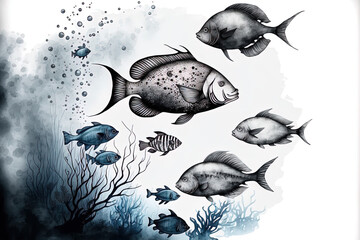Poster - Underwater nature poster with a black and white fish group. Generative AI
