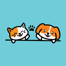 Cat And Dog Say Hi Cartoon Vector Illustration