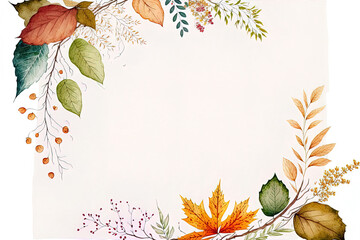 watercolor illustration of a corner with an autumn leaf and foliage border. anime style botanical fr