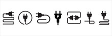 Electric Power Plug Icon Set. Electricity Wire Cord Sign. Electrical Symbol Element. Vector Stock Illustration.