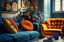 Interior Design Concept In The 1980s Fashion. Elegant Living Area In Front View With A Vintage Orange Sofa And Blue And Yellow Seats. A Comfortable Couch In A Light Apartment With Vintage Decor