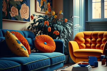 Interior design concept in the 1980s fashion. Elegant living area in front view with a vintage orange sofa and blue and yellow seats. a comfortable couch in a light apartment with vintage decor