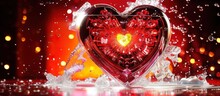A Clear Glass Valentine Heart With A Yellow Heart Inside, Water Splashes Against A Red Bokeh Background On A Reflective Surface, Copy Space, Generative AI