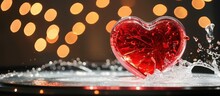 A Glass Valentine Heart Filled With Red Liquid, Cracked, Water Splashes Against A Bokeh Background, Copy Space, Generative AI