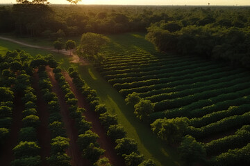 Canvas Print - Aerial video of Brazilian coffee plantation at sunset. Generative AI