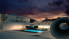 Entwurf Eines Modernen, Energieeffizienten Bungalow Mit Swimmingpool (mit Sonnenuntergang Im Hintergrund)- 3D Visualisierung