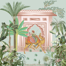 Indian King And Queen Riding Camel In Desert Garden Vector Pattern