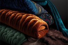 Luxurious Velvet Blankets Rolled Up Together In Colours Of Gold And Teal Created By Generative Artificial Intelligence, Generative Ai