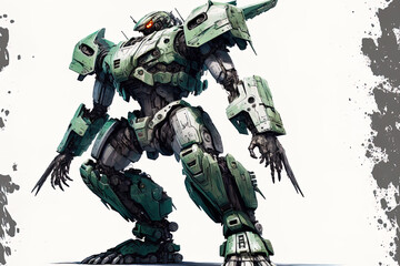 Wall Mural - Standing on a white backdrop is a futuristic mech soldier. Military robot from the future with a metal finish in green and gray. operated by a pilot mech. Robot with scraped metal armor. mech conflict
