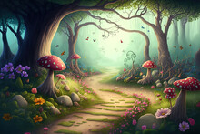 Imaginary Woodland Filled With Flowers, Mushrooms, And Fog. Generative AI