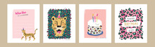 Set Of Birthday Greeting Cards With Leopards, Cake And Leopard's Pattern Texture.