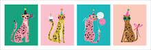 Fun Party Leopards With Balloons And Cakes Vector Illustration.