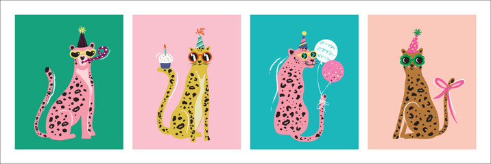 Wall Mural - Fun party leopards with balloons and cakes vector illustration.
