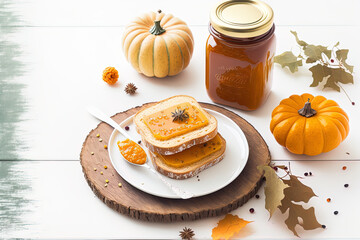 Sticker - anime style autumn composition with delectable pumpkin jam on a white wooden background. Generative AI