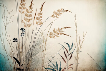 picture wallpaper of reed branches and leaves on a textured backdrop. generative ai