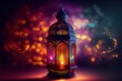 Generative AI illustration of Muslim Holy Month Ramadan Kareem Arabic Lantern with bokeh, Neon light and lantern displayed on stages with glowing light in the evening. Wallpaper and banner background.