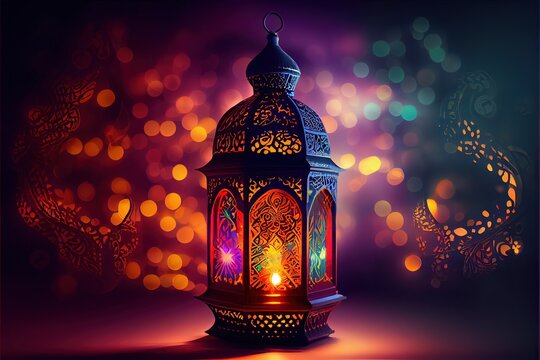 generative ai illustration of muslim holy month ramadan kareem arabic lantern with bokeh, neon light